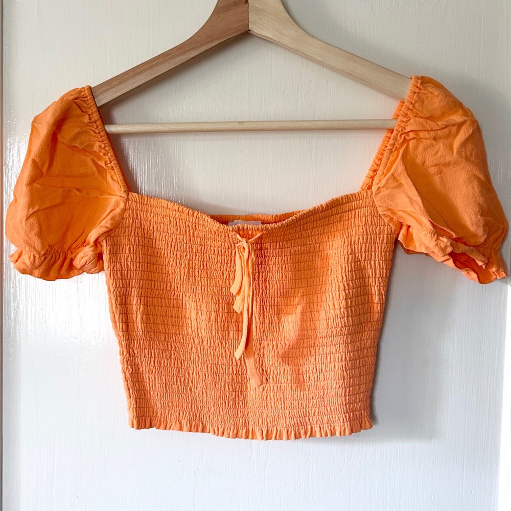 Aritzia Wilfred Smocked Puff Sleeve Sweetheart Blouse Papaya S Romantic Cottage